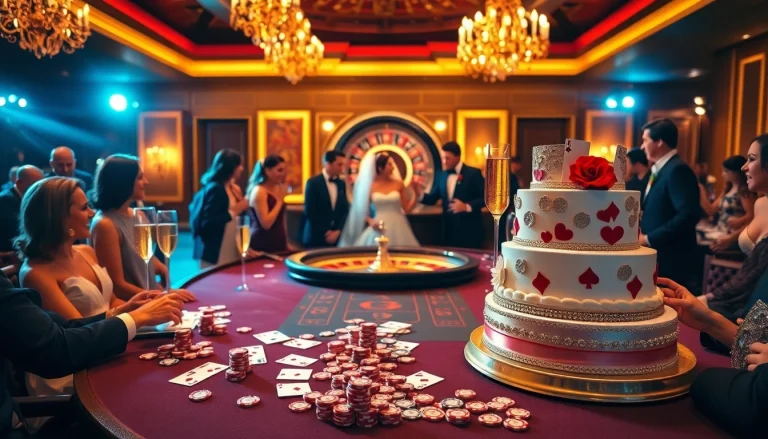 Celebrating Hi88 wedding at an elegant casino-themed gathering with vibrant gaming tables.