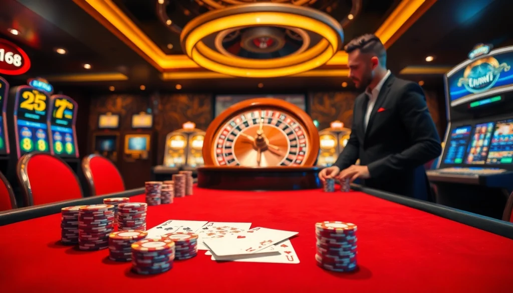 Experience the excitement of F168 with a vibrant casino scene featuring poker, roulette, and slot machines.