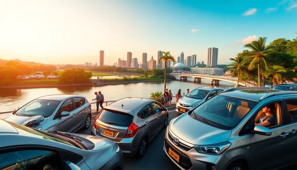 Kuching car hire scene showing vibrant rental cars by the Sarawak River with tourists enjoying the city.