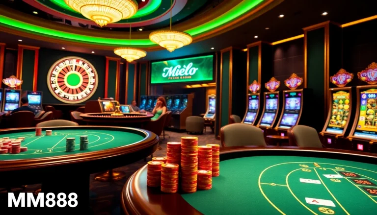 MM88 online gambling platform displaying vibrant casino thrills with poker tables and slot machines.