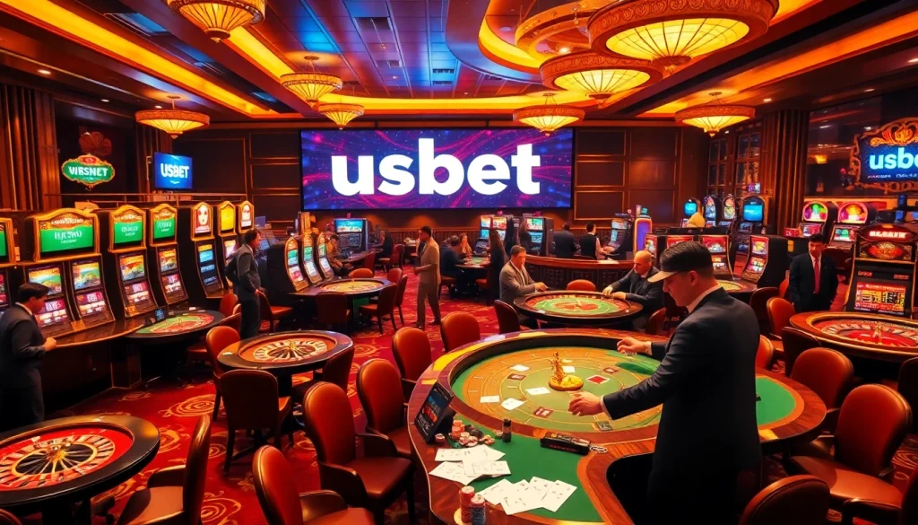 Experience thrilling moments with usbet at a luxurious casino featuring vibrant slot machines and poker tables.