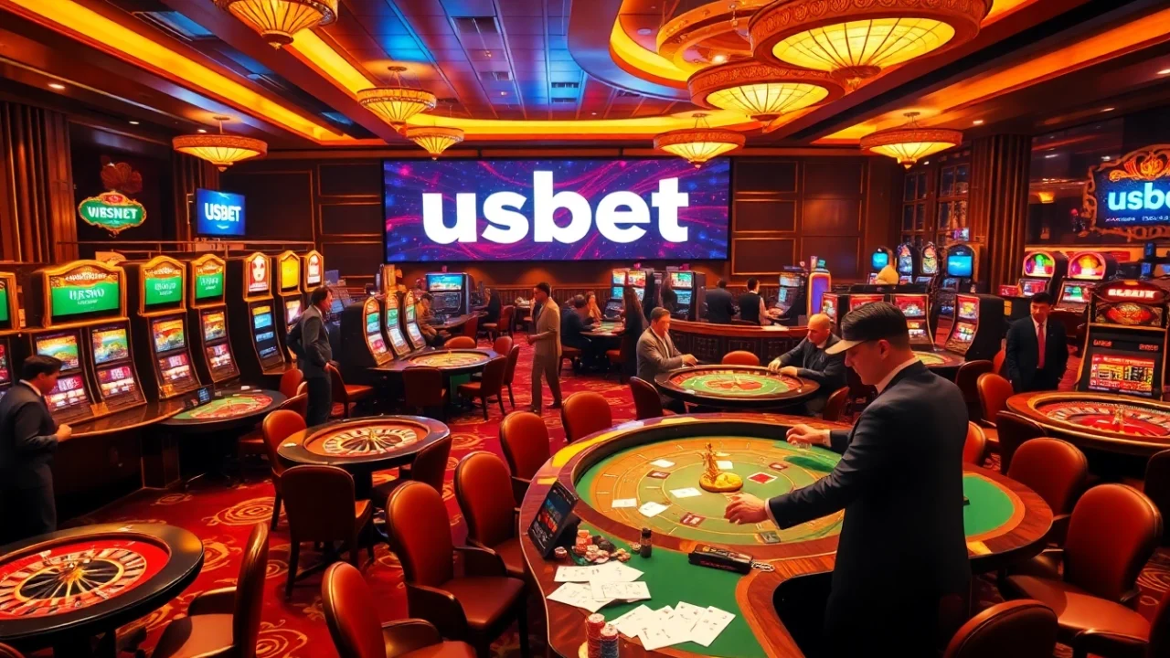 Experience thrilling moments with usbet at a luxurious casino featuring vibrant slot machines and poker tables.