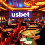 Experience thrilling moments with usbet at a luxurious casino featuring vibrant slot machines and poker tables.