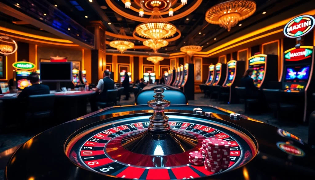 Engage with max88. vin at a modern casino filled with roulette, poker chips, and slot machines.