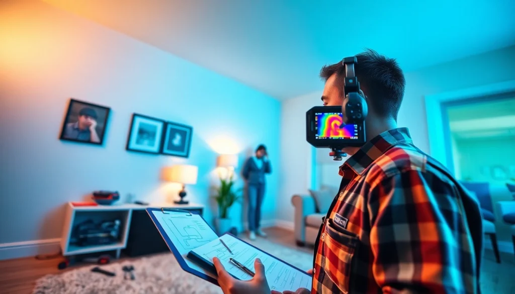 Expert technician conducting underground leak detection with thermal imaging camera in a cozy home environment.