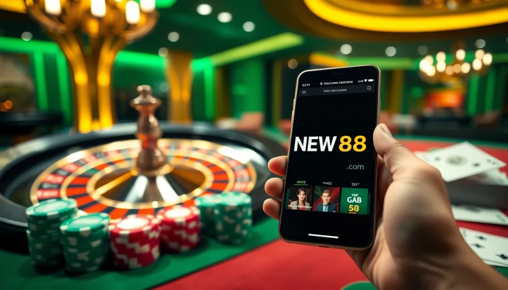 Experience thrilling gameplay at NEW88 com with vibrant casino tables and poker chips.