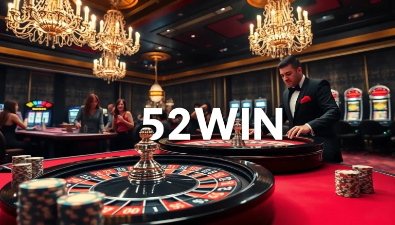 Exciting casino gaming scene showcasing 52WIN with roulette table, poker chips, and enthusiastic players.