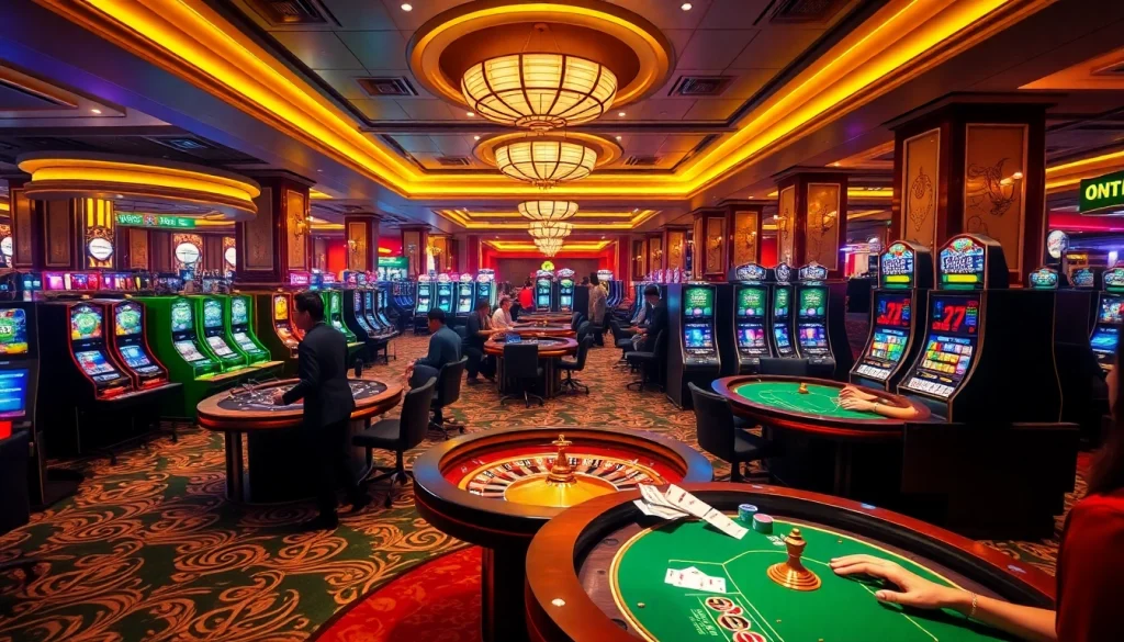 Experience thrilling gaming action at ta88, featuring dynamic casino tables and vibrant players in a luxurious atmosphere.