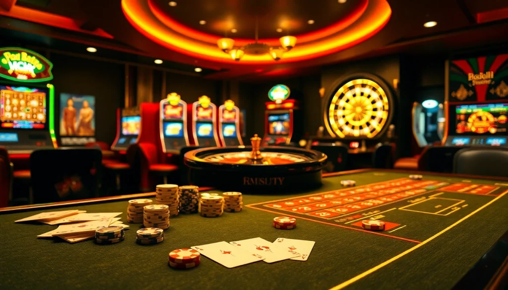 Experience thrilling gameplay at ingatbola with a vibrant casino atmosphere filled with cards and chips.