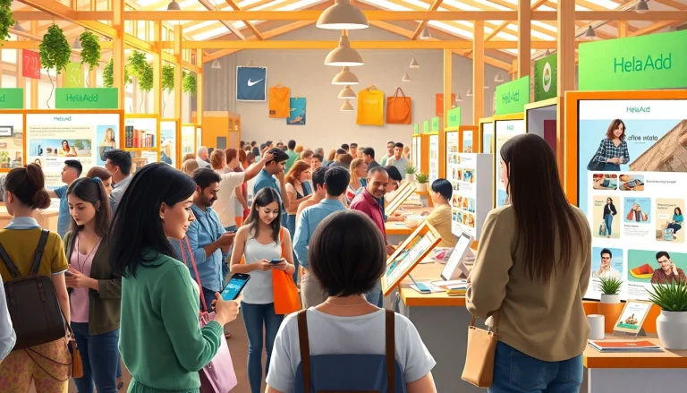 Engaging marketplace with people using Hela Add for buying and selling.