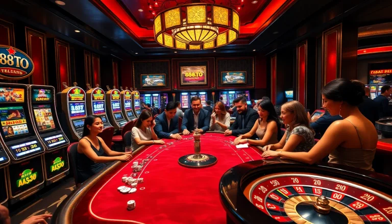 A vibrant scene showcasing the thrill and luxury of the nhà cái 888TO casino experience with roulette, poker, and slot machines.