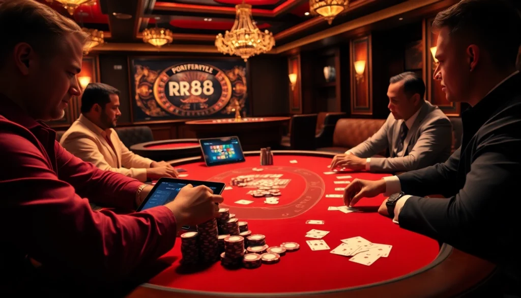 Engaging poker game scene at RR88, showcasing high-value chips and cards for dynamic gambling excitement.
