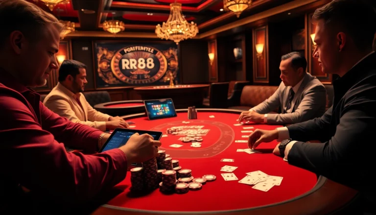 Engaging poker game scene at RR88, showcasing high-value chips and cards for dynamic gambling excitement.