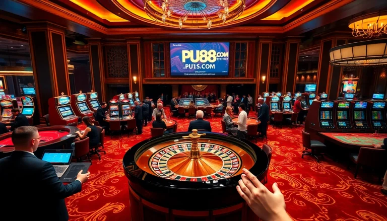 Experience thrilling excitement at PU88.COM's vibrant casino tables amidst lavish decor.