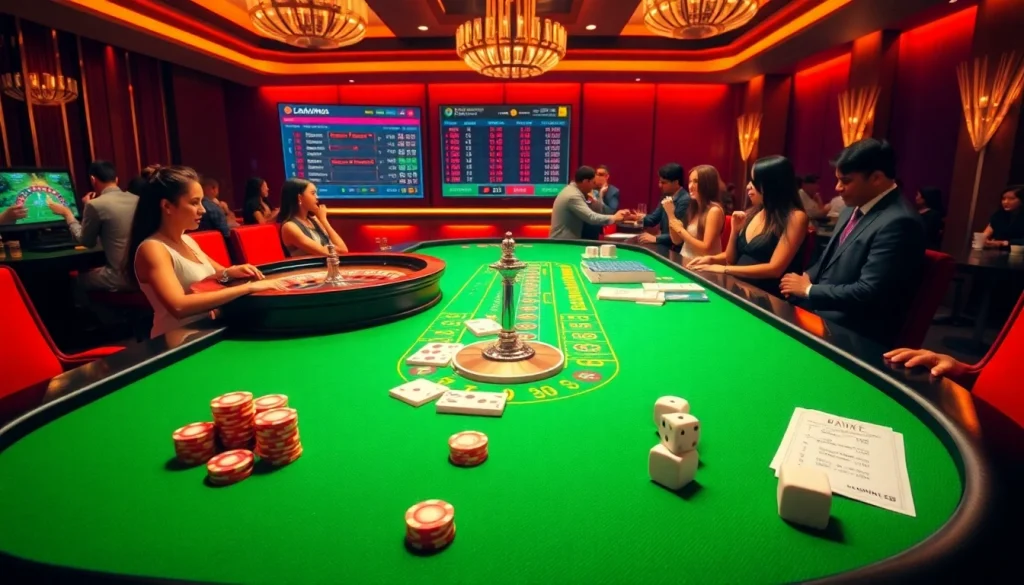 Gamble at https://98winn.it.com/ with an elegant poker table and roulette wheel in a vibrant casino scene.