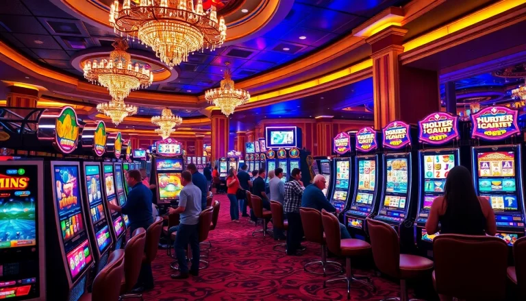 Slot machines buzzing with activity in a luxurious casino environment, featuring excited players celebrating wins.