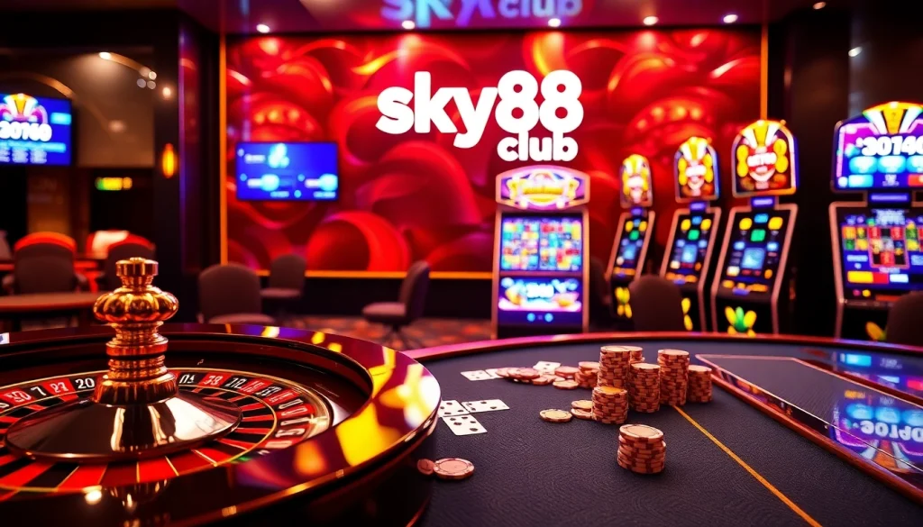 Experience luxury at the sky88 club casino with engaging gambling tables and vibrant slot machines.