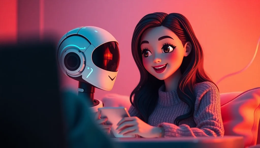 Engaging ai sex chat with a futuristic character in a cozy digital environment.