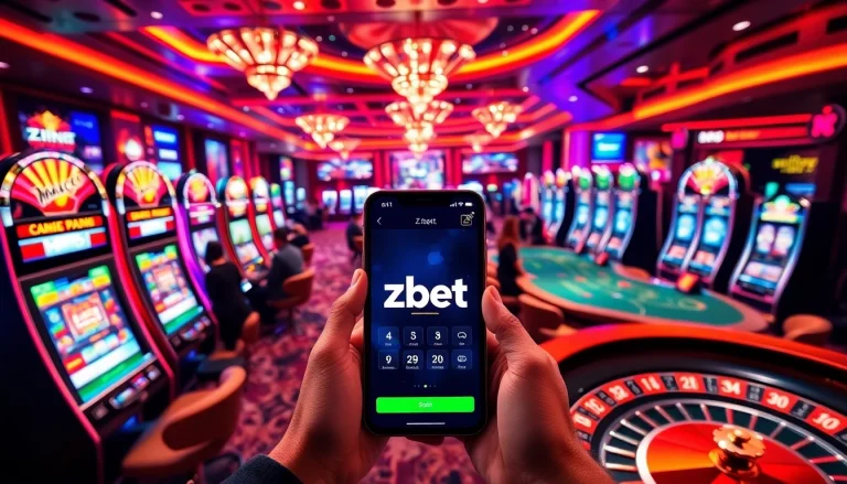 Players enjoying the thrill of gaming at Zbet app on mobile devices surrounded by casino tables.