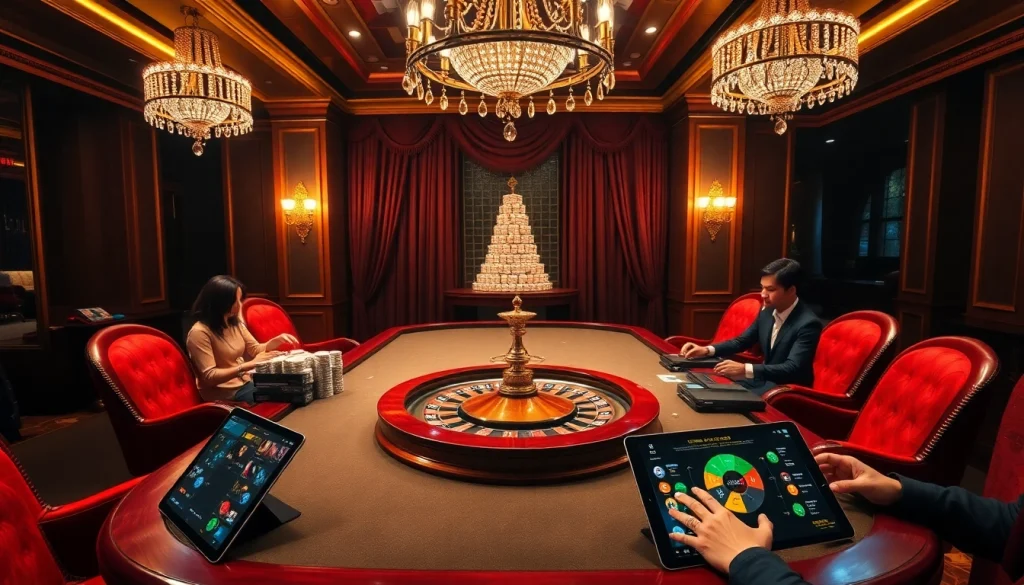 Experience thrilling gameplay at https://vnew88.vip/ in this luxury casino scene with roulette and poker games.