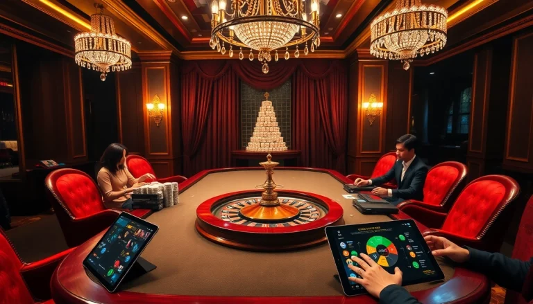Experience thrilling gameplay at https://vnew88.vip/ in this luxury casino scene with roulette and poker games.
