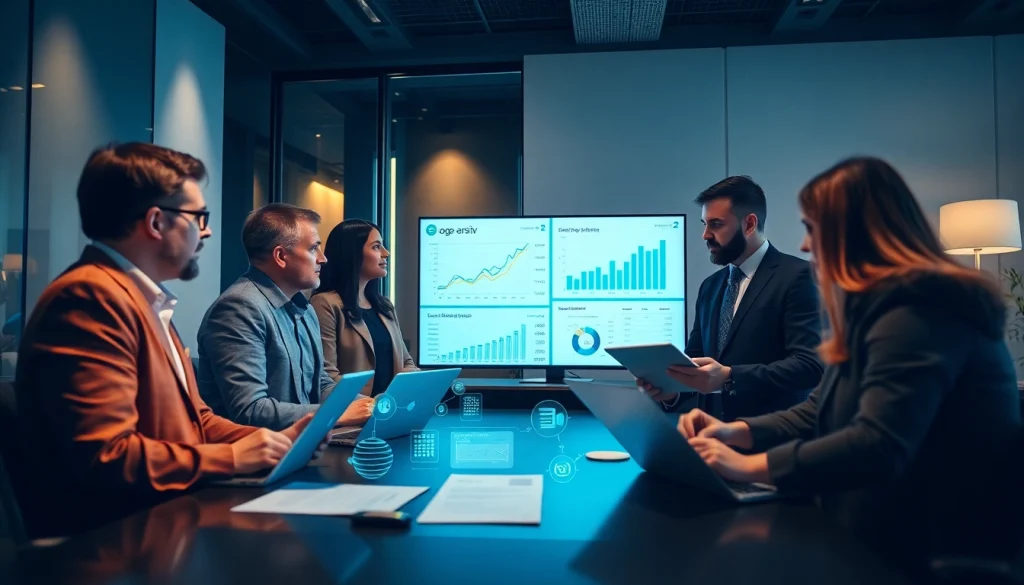 Logo e-arşiv professionals collaborating in a modern office, showcasing digital transformation and efficiency.