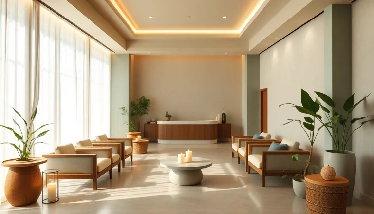Spa Ads featuring a serene and calming reception area with earthy tones and ambient lighting.