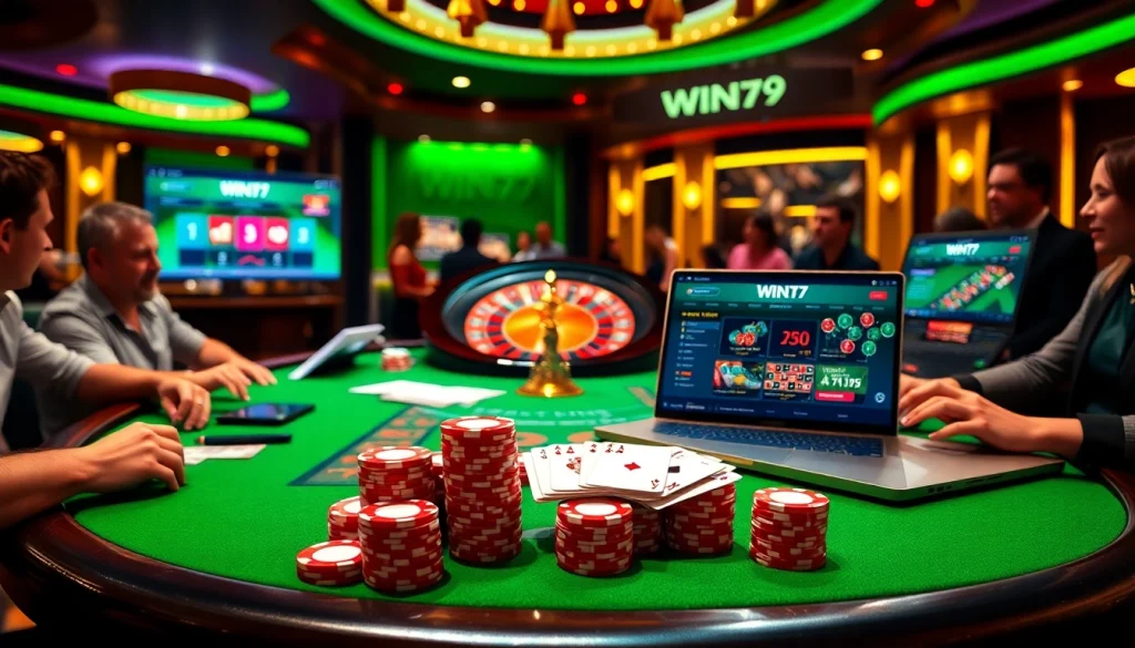 Engaged players at a luxurious casino table with link win79 displayed on a laptop.