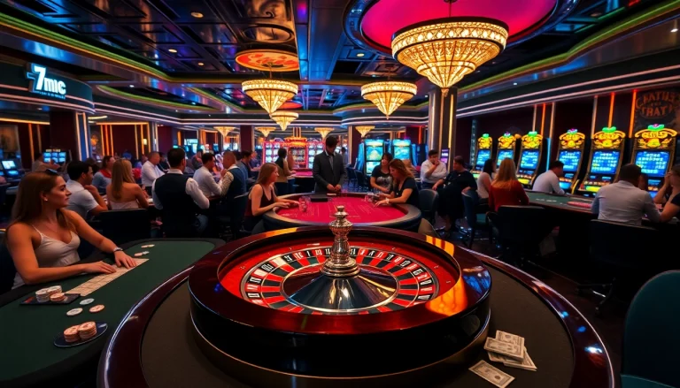 Action-packed casino scene with players engaged in games and 7mcn branding elements.