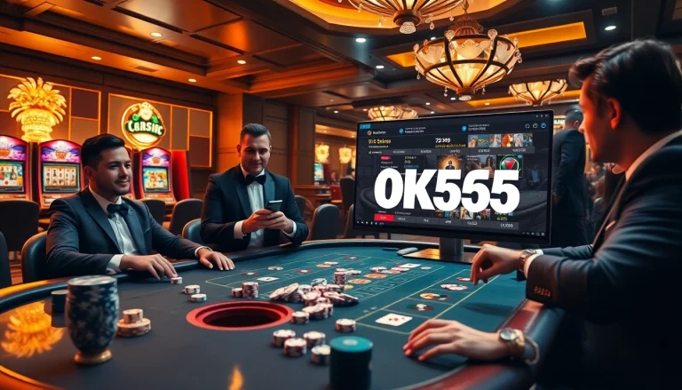 Engaged players enjoy an exciting moment on the OK365 com gambling platform, showcasing poker chips and cards.