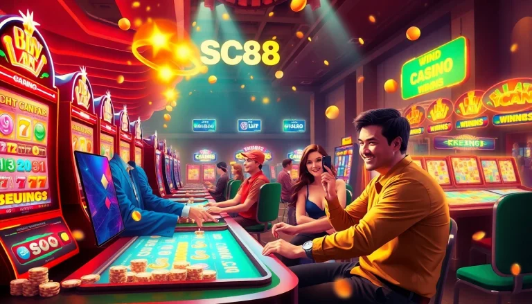 Exciting SC88 online gambling scene with players winning at vibrant casino games