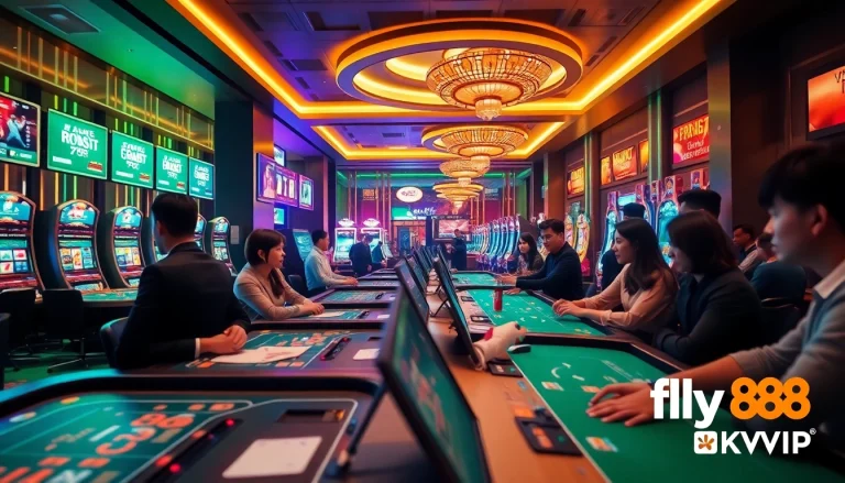 Fly88 okvip players enjoying a vibrant online casino experience with baccarat, slots, and sports betting.