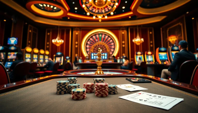 Experience the thrills at Nhà cái uy tín F8bet with an illuminated poker table surrounded by excited gamblers.