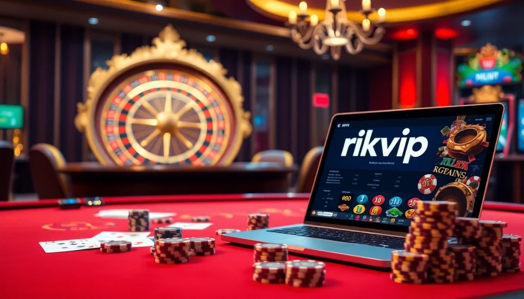 Enjoying a thrilling game at rikvip casino featuring poker chips and cards on a gaming table.