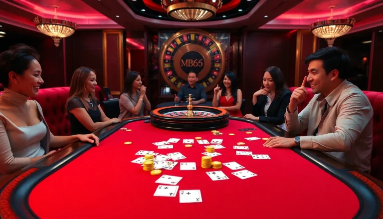 Exciting game play at an MB66 casino table, featuring poker chips and cards.
