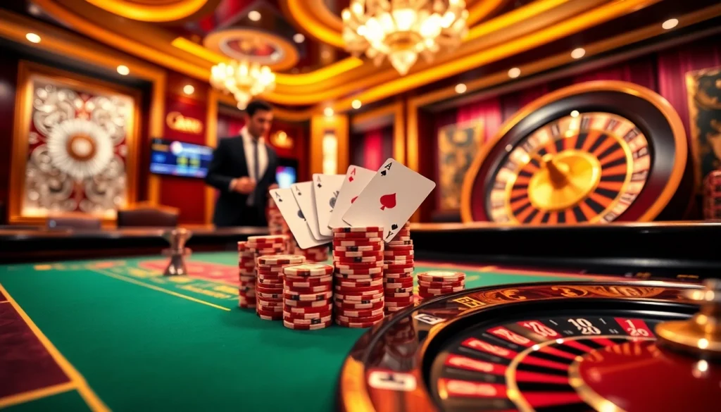 Win big at https://f168.studio/ with a luxurious casino scene featuring exciting table games like baccarat.