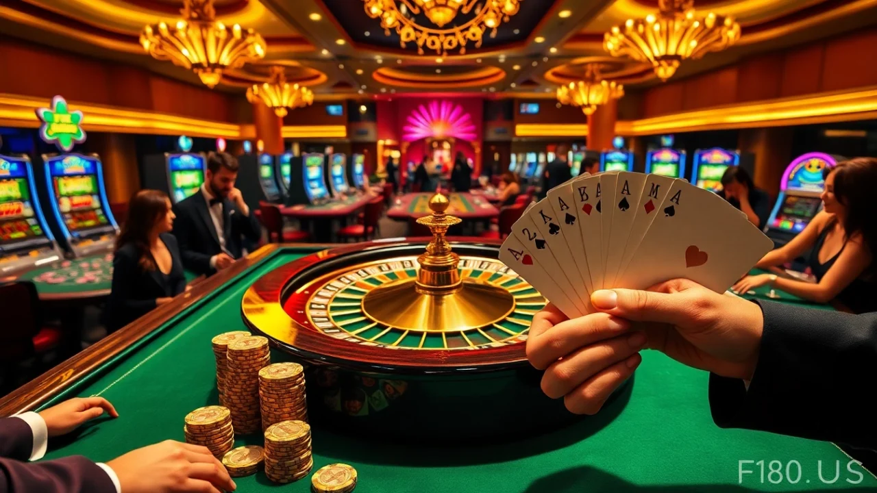 Experience the excitement of gambling at https://f168.us/ with luxurious casino visuals showcasing roulette and poker.