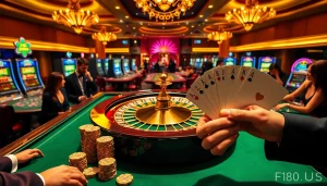 Experience the excitement of gambling at https://f168.us/ with luxurious casino visuals showcasing roulette and poker.