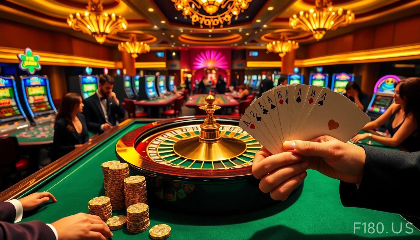 Experience the excitement of gambling at https://f168.us/ with luxurious casino visuals showcasing roulette and poker.