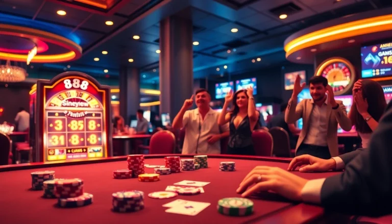 Experience thrilling gameplay of game 888new at a vibrant casino table with colorful chips.