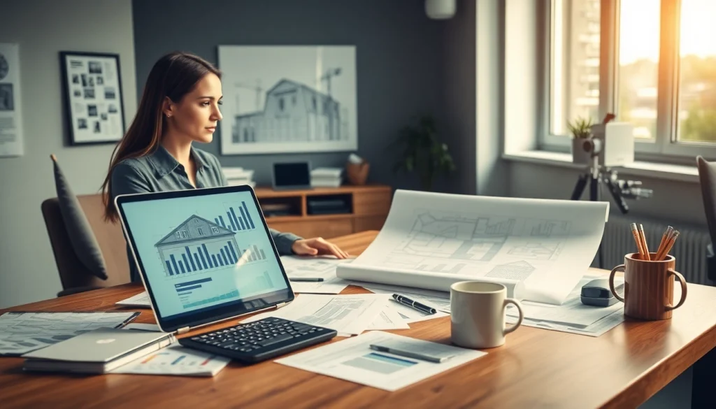 Księgowość dla firmy budowlanej w nowoczesnym biurze rachunkowym z dokumentami finansowymi i laptopem.