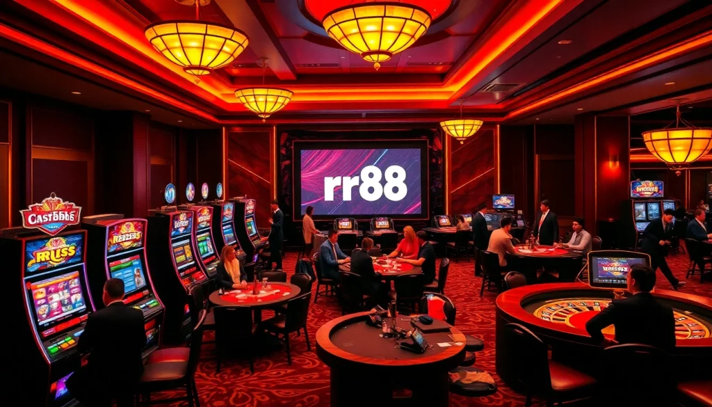 Gamblers enjoying an exciting gaming experience at rr88 casino with vibrant tables and slot machines.