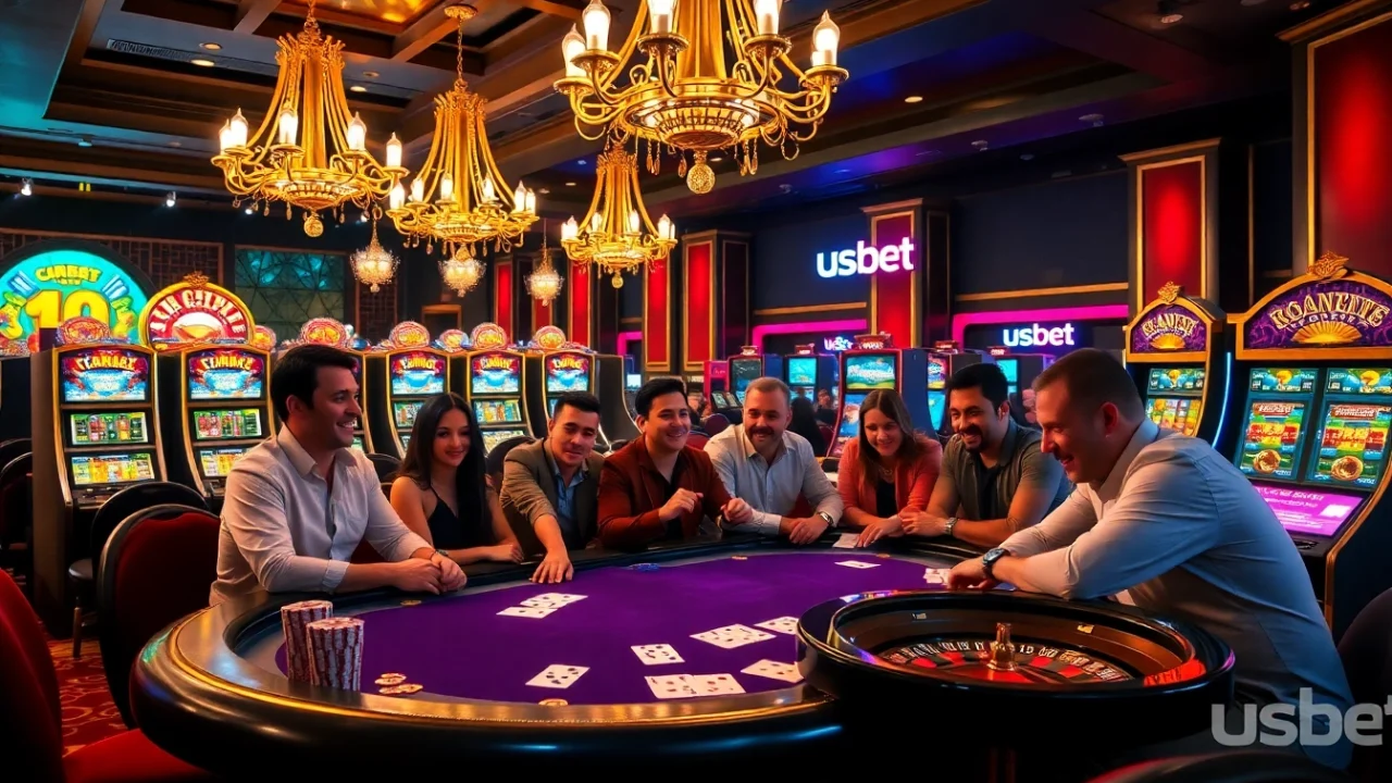 Experience the thrilling atmosphere of usbet's luxury casino with engaged players at a poker table.