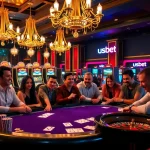 Experience the thrilling atmosphere of usbet's luxury casino with engaged players at a poker table.