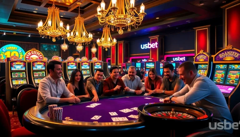 Experience the thrilling atmosphere of usbet's luxury casino with engaged players at a poker table.