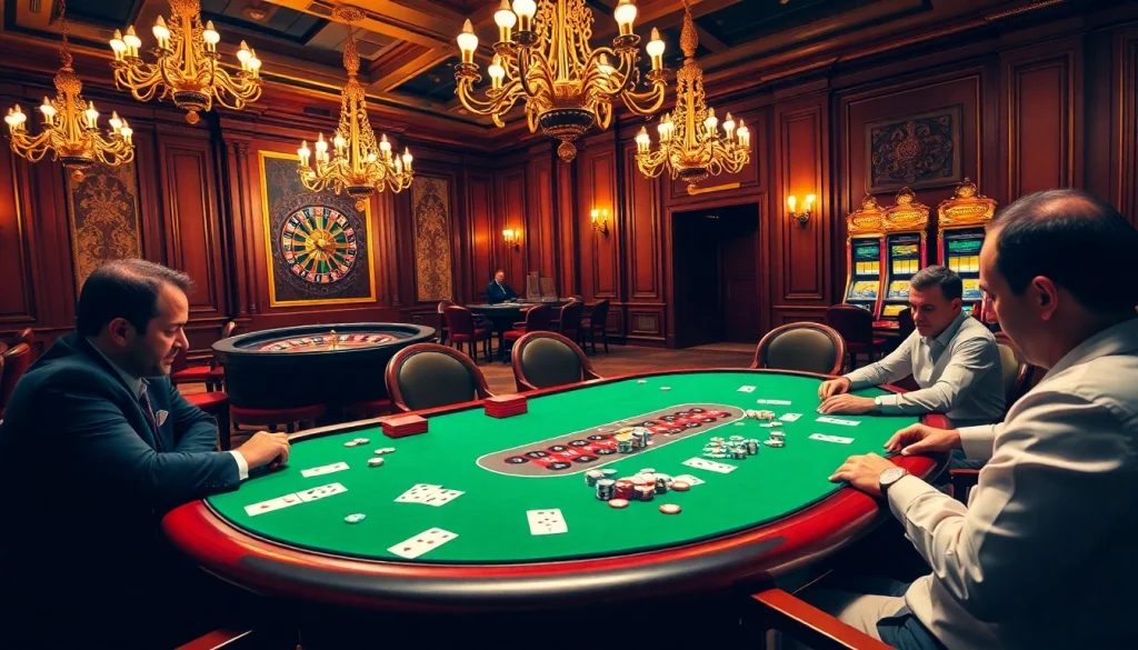 Players strategizing at a DR88 poker table, surrounded by luxurious casino elements.
