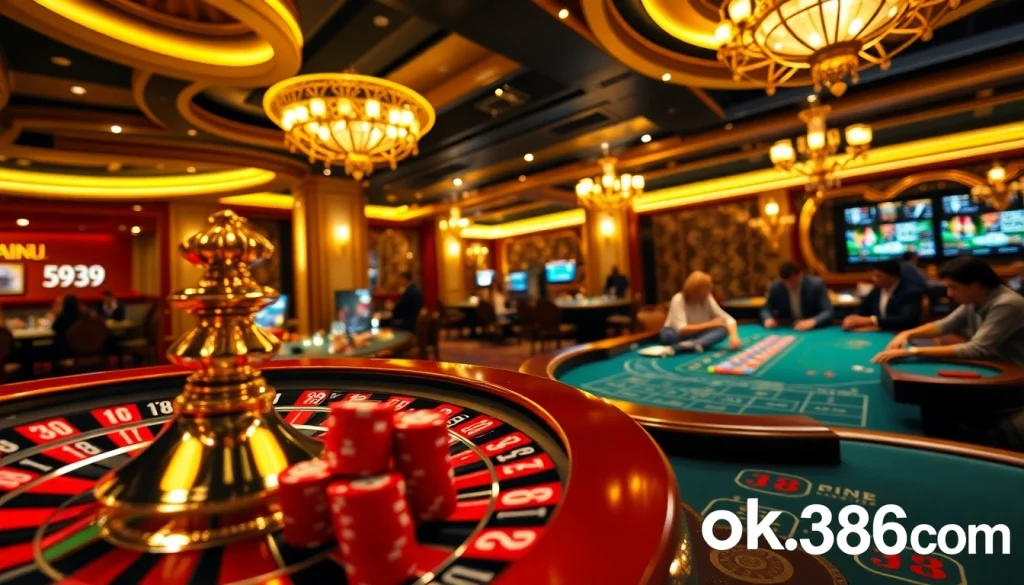 Experience the excitement of gaming at ok8386.com with a vibrant casino setting featuring roulette and poker.