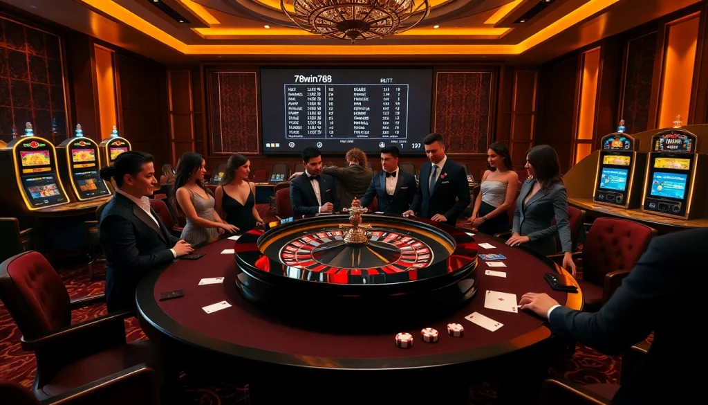 The excitement of gambling at 78win78 with vibrant casino tables and glamorous players enjoying their experience.