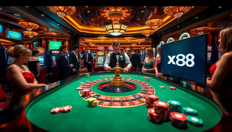 Players enjoying an exciting casino experience at xx88 with vibrant roulette and slot machines.