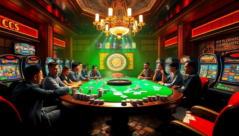 Experience the thrill of poker and slot action at https://king88b.us.com/ with colorful chips, cards, and a vibrant casino ambiance.